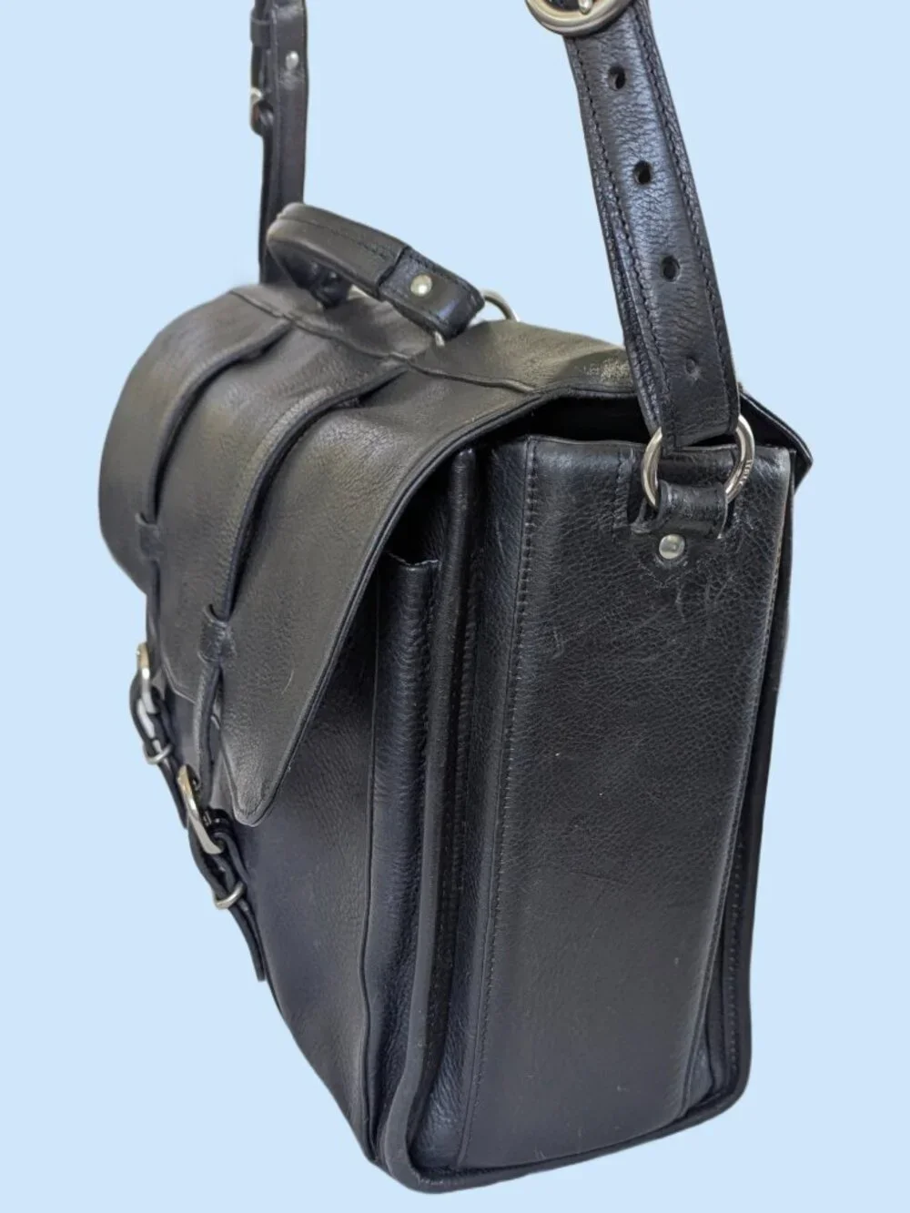 Glaser Designs San Francisco Hand Burnished Black Marbled Leather Flapover Bag
